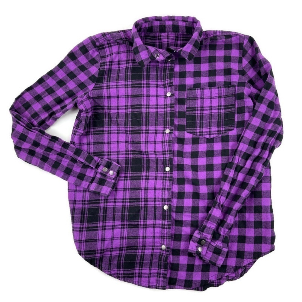 Weissman Womens Button Down Shirt Purple Black Plaid